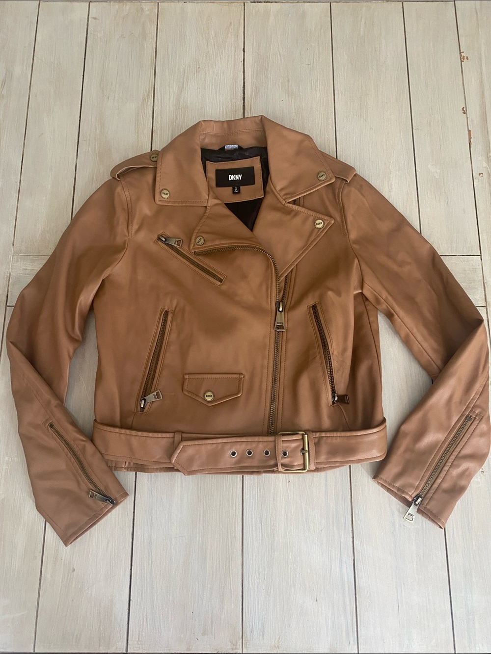 DKNY Camel Brown Faux Leather Moto Jacket Small
